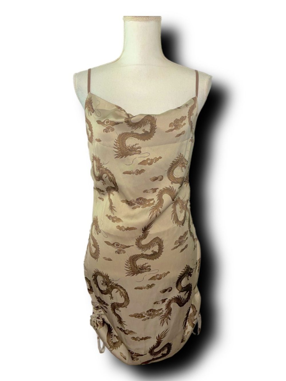 Y2K Style Beige Dragon-Print Satin-Feel Slip Dress with Ruching Whimsigoth